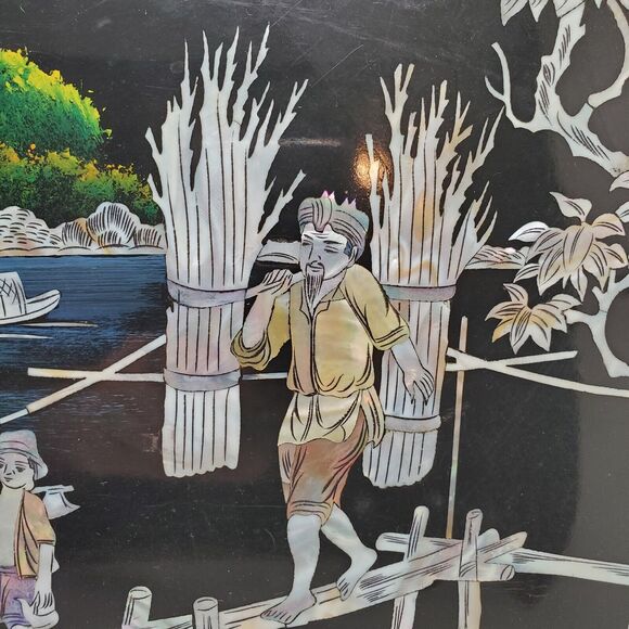 Inlaid Asian Artwork Shell On Black Lacquered Wood Vintage 12x16 Inches - Picture 5 of 15